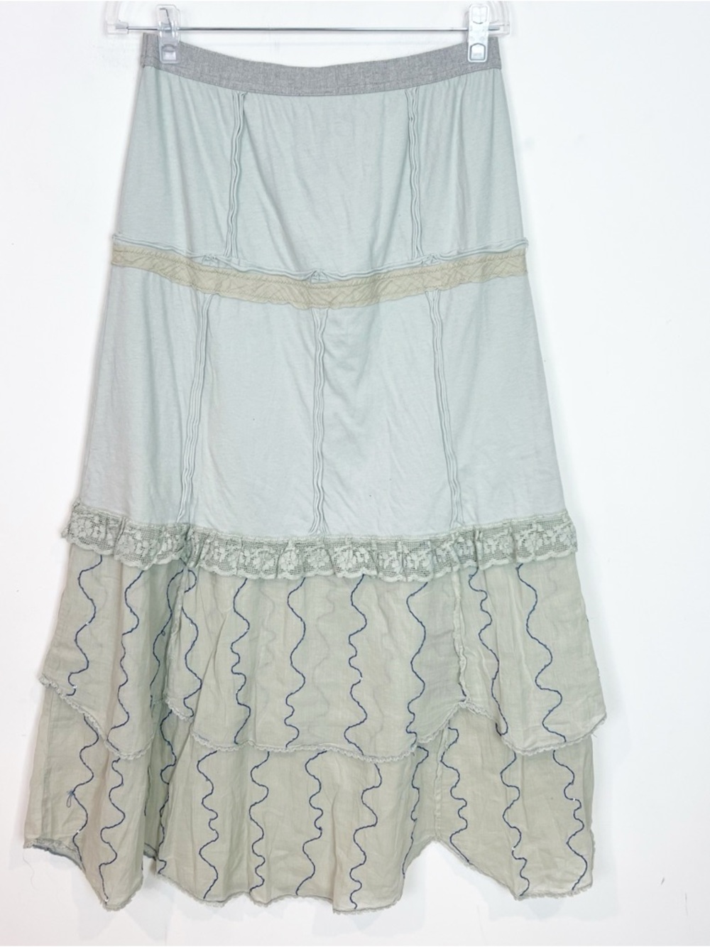 BURNING TORCH GRAY ELASTIC WAIST BOHO BEADED UPCYCLED MAXI SKIRT SZ SMALL - Picture 6 of 6